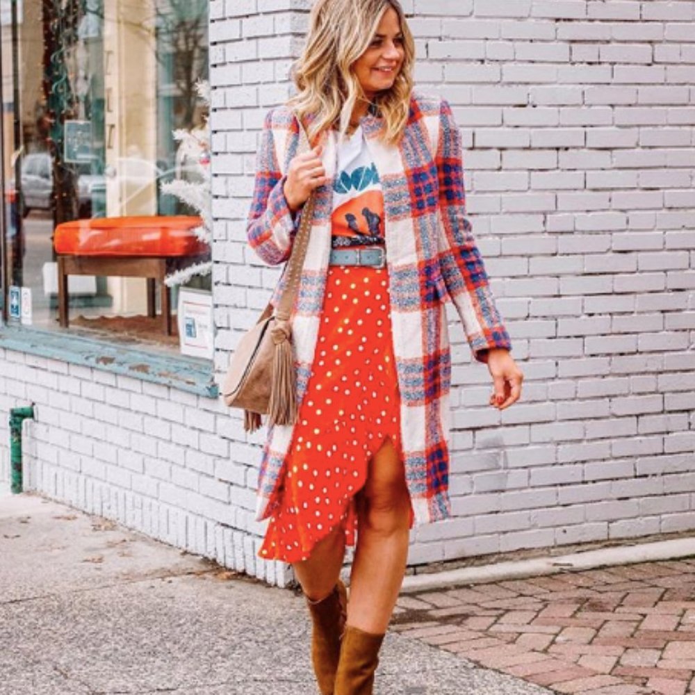 LOFT Red & White Polka Dot Wrap Midi Skirt